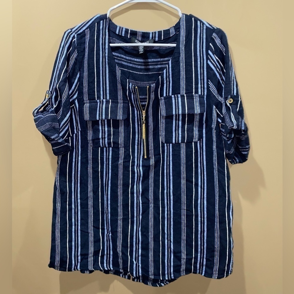 Ellen Tracy Striped Rolled Sleeve Fashion Top Women’s Medium Gold Zipper